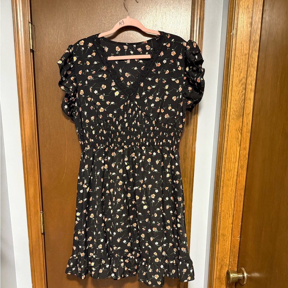 Floral Black Dress with Ruffle Sleeves